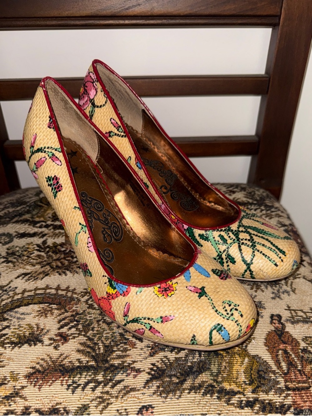 Naughty Monkey Floral Heels Pumps Straw Woven Multicolor Round Toe Size 8.5 - Picture 5 of 12